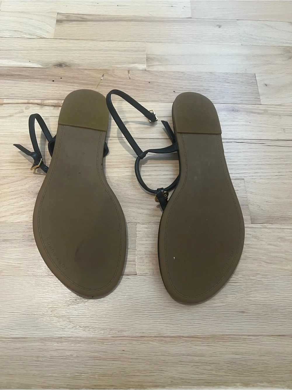 Tory Burch Black Leather Thong Sandals with Gold Logo Accent